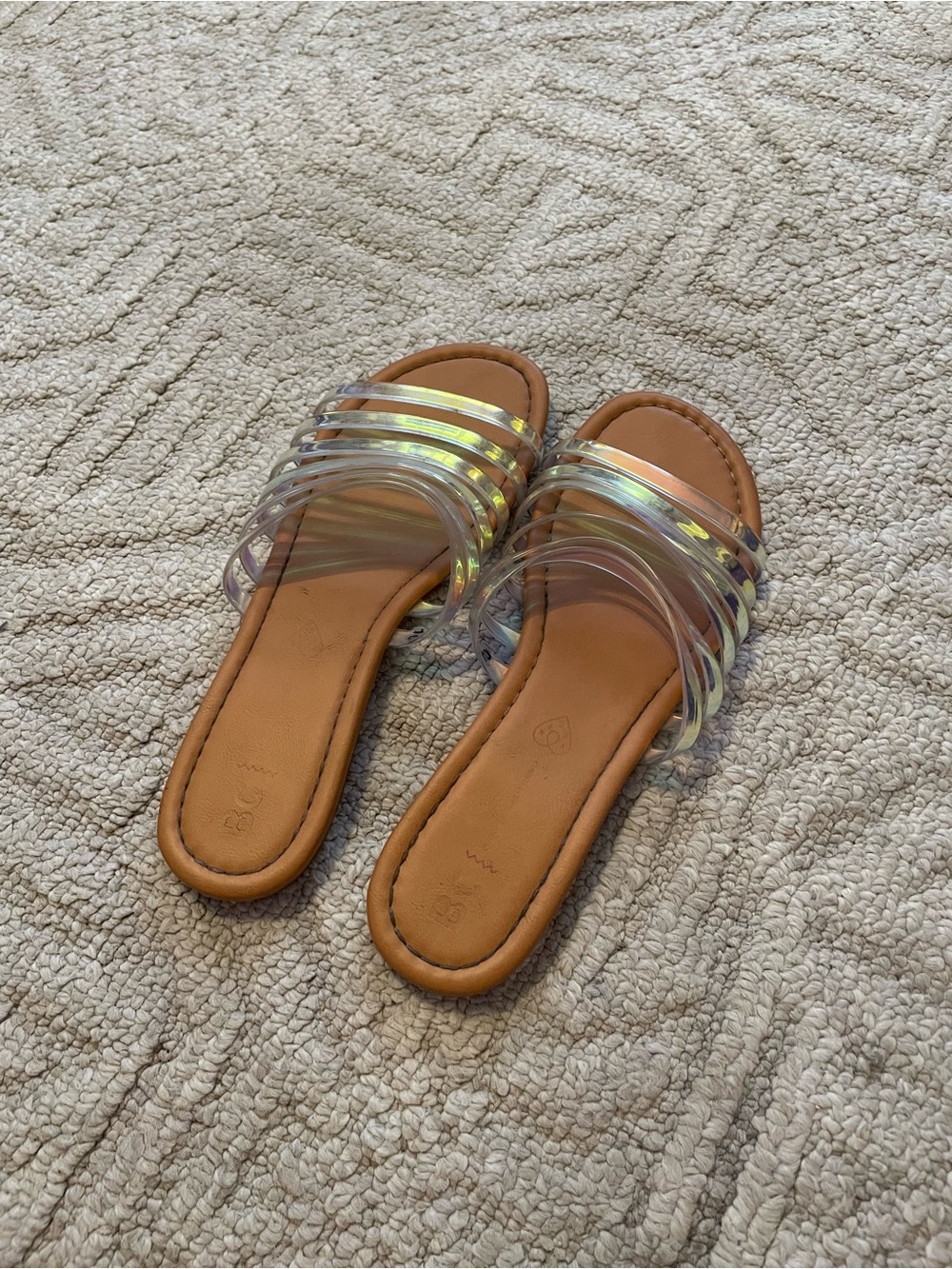Iridescent Clear Multi-Strap Slide Sandals - Tan Footbed